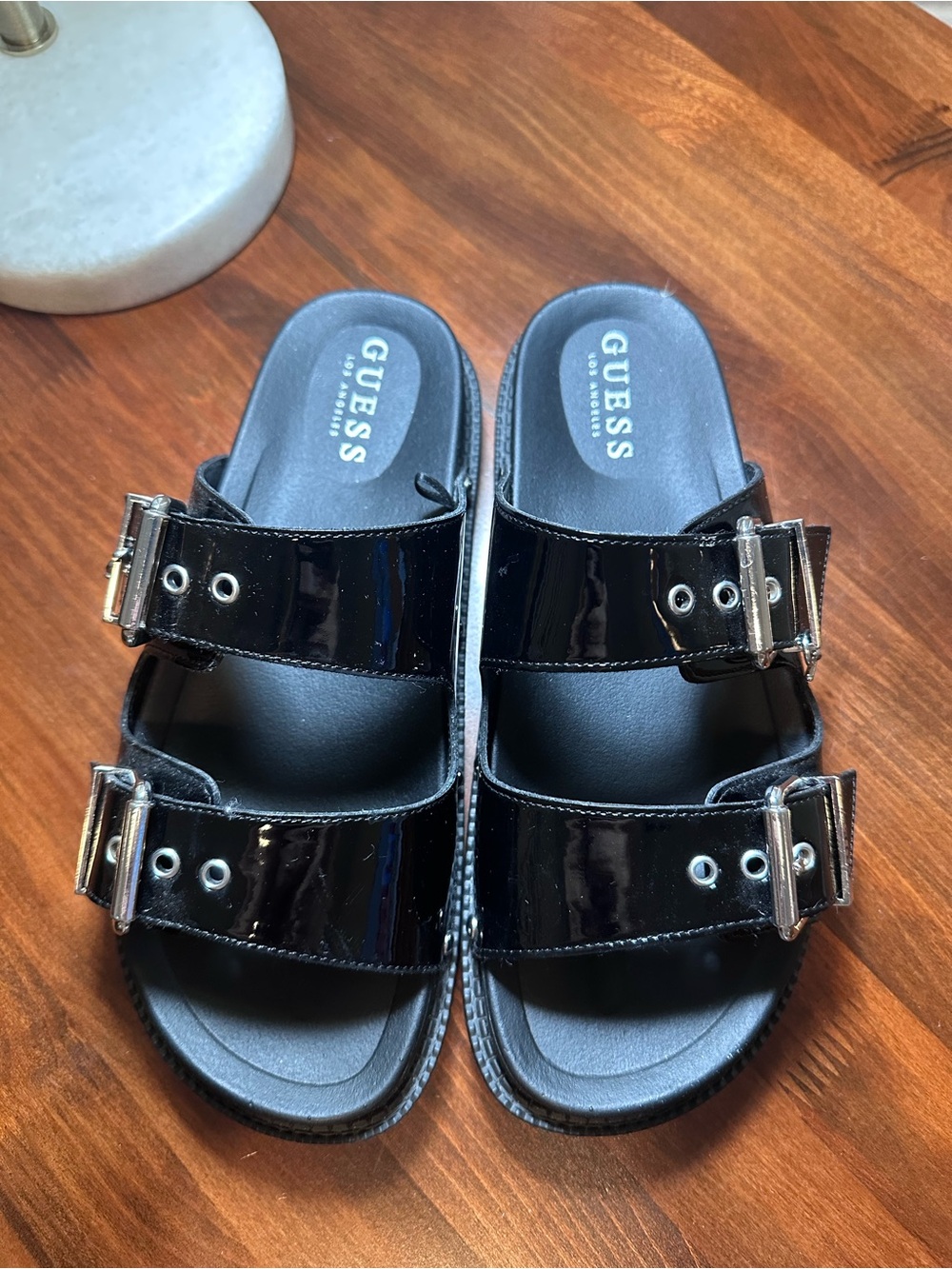 GUESS Women’s Black Patent Double-Strap Buckle Sandals